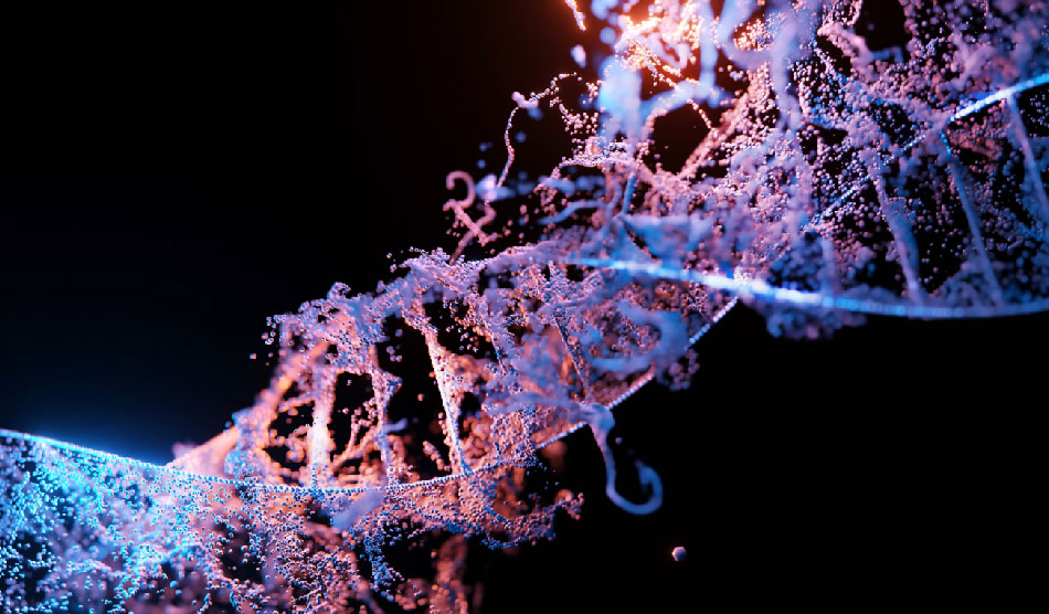 A DNA double helix structure, depicted with intricate detail against a dark background.